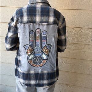 Hamsa Hand Design Upcycled Flannel Shirt Size XS X-small
